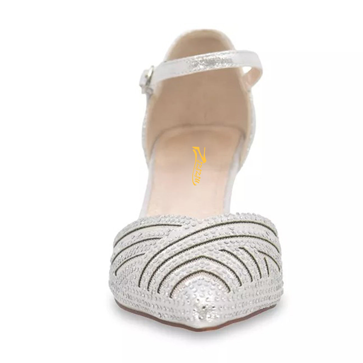 Glitter Mesh Rhinestone Pointed Toe Silver Pumps with Kitten Heel