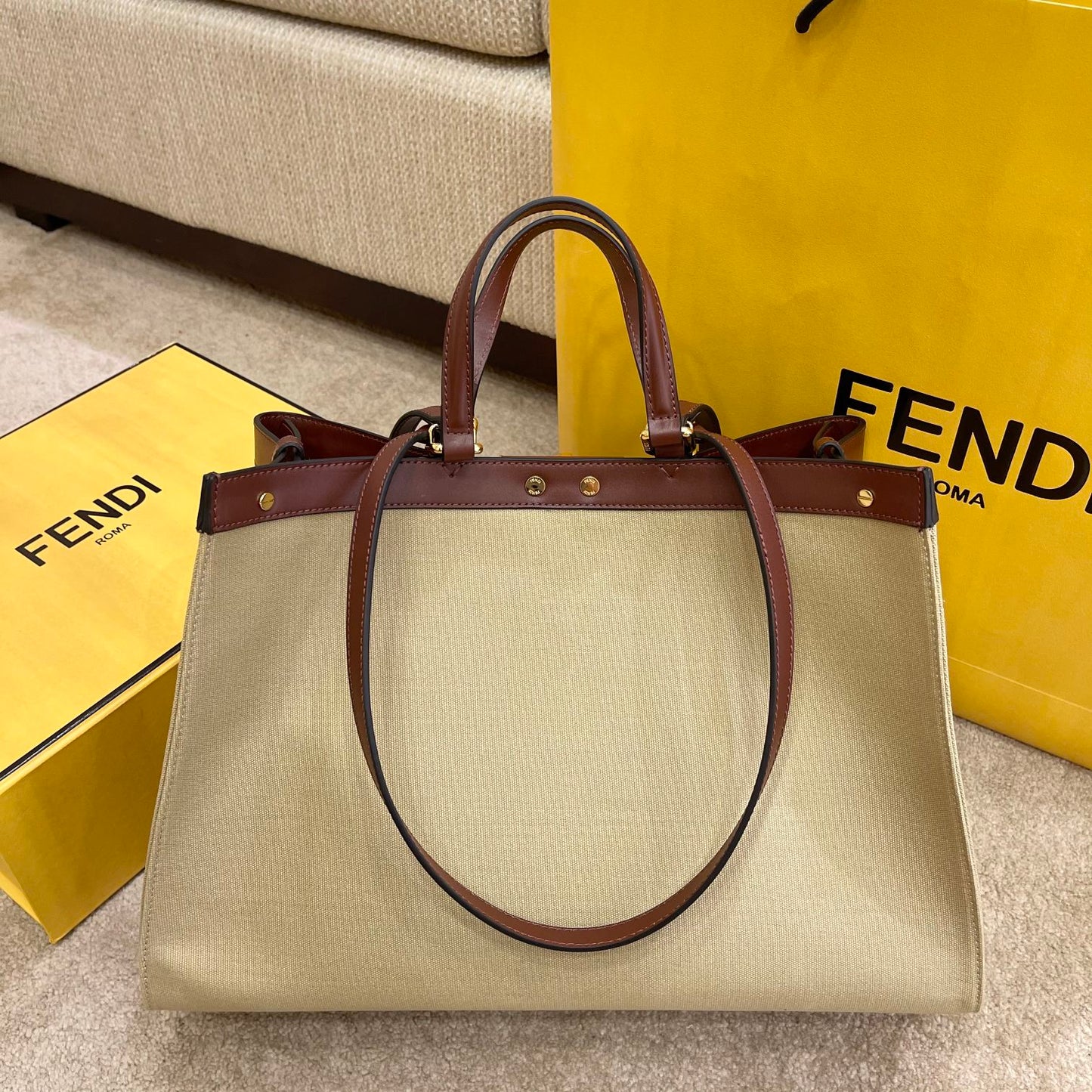 FI Peekaboo X-tote Bag Beige Canvas For Women, Handbags, Shoulder Bags 16.1in/41cm FF 8BH374
