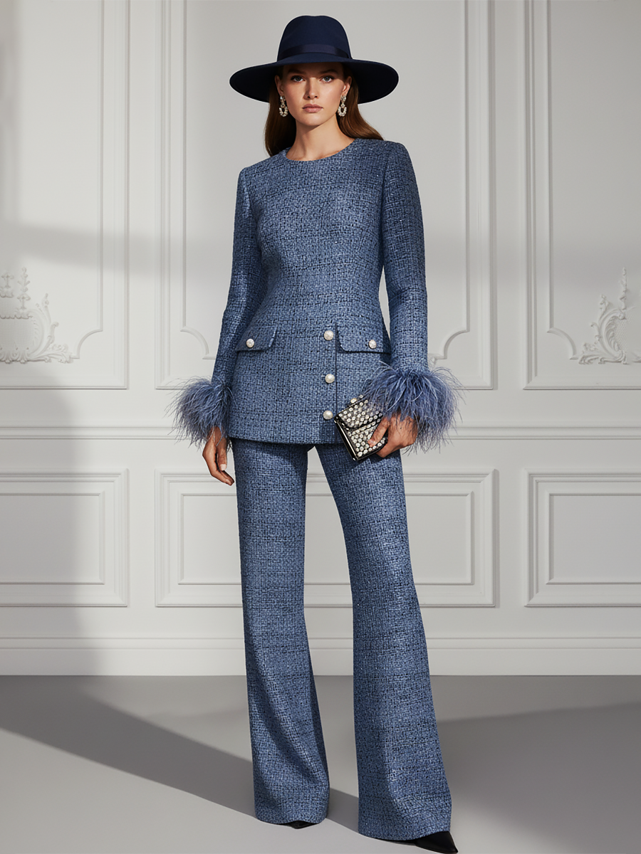 Elegant Retro Round Neck Long Sleeve Tweed Top + Pants Set
