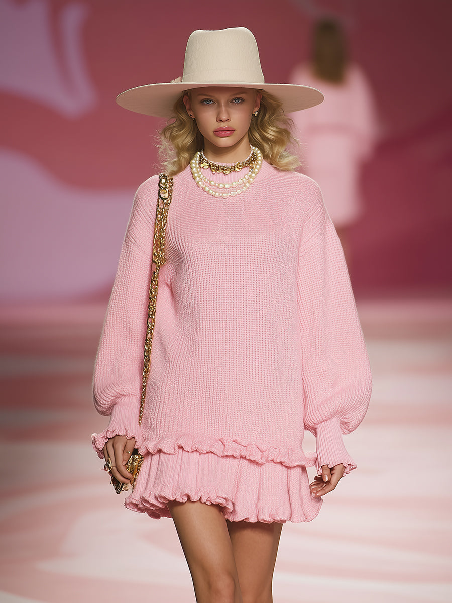 Elegant And Romantic Pink Knitted Mini Dress With Ruffled Hem