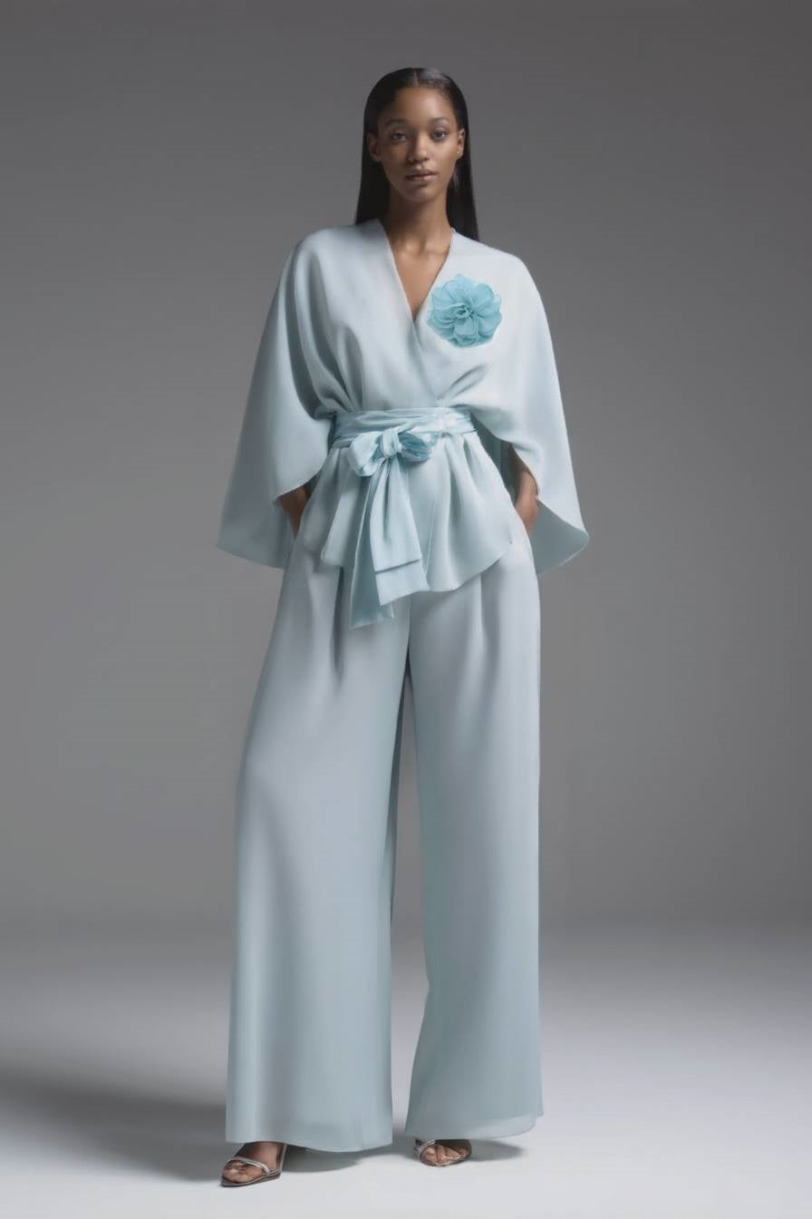 Evening Pant Set Blue Long Sleeve Wrap-Tie Two-Piece Wide-Leg