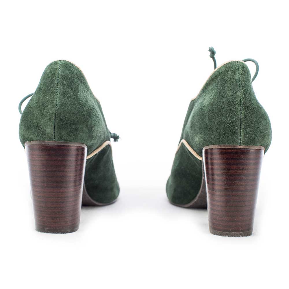 Dark Green Faux Suede Round Toe Chunky Heel Lace-Up Oxford Shoes