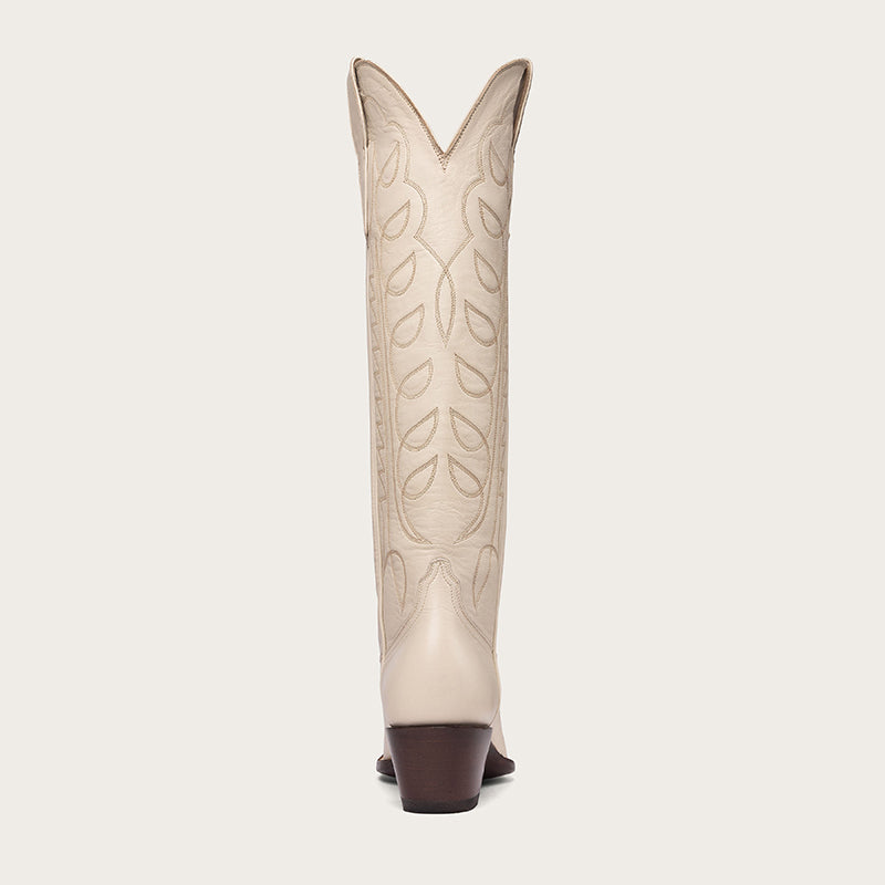 Beige Pointed Toe Block Heel Wide Calf Knee High Cowgirl Boots