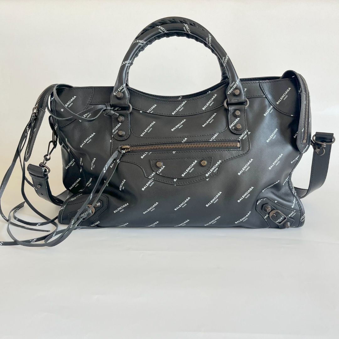 Balenciaga All Over Logo print calfskin large city bag