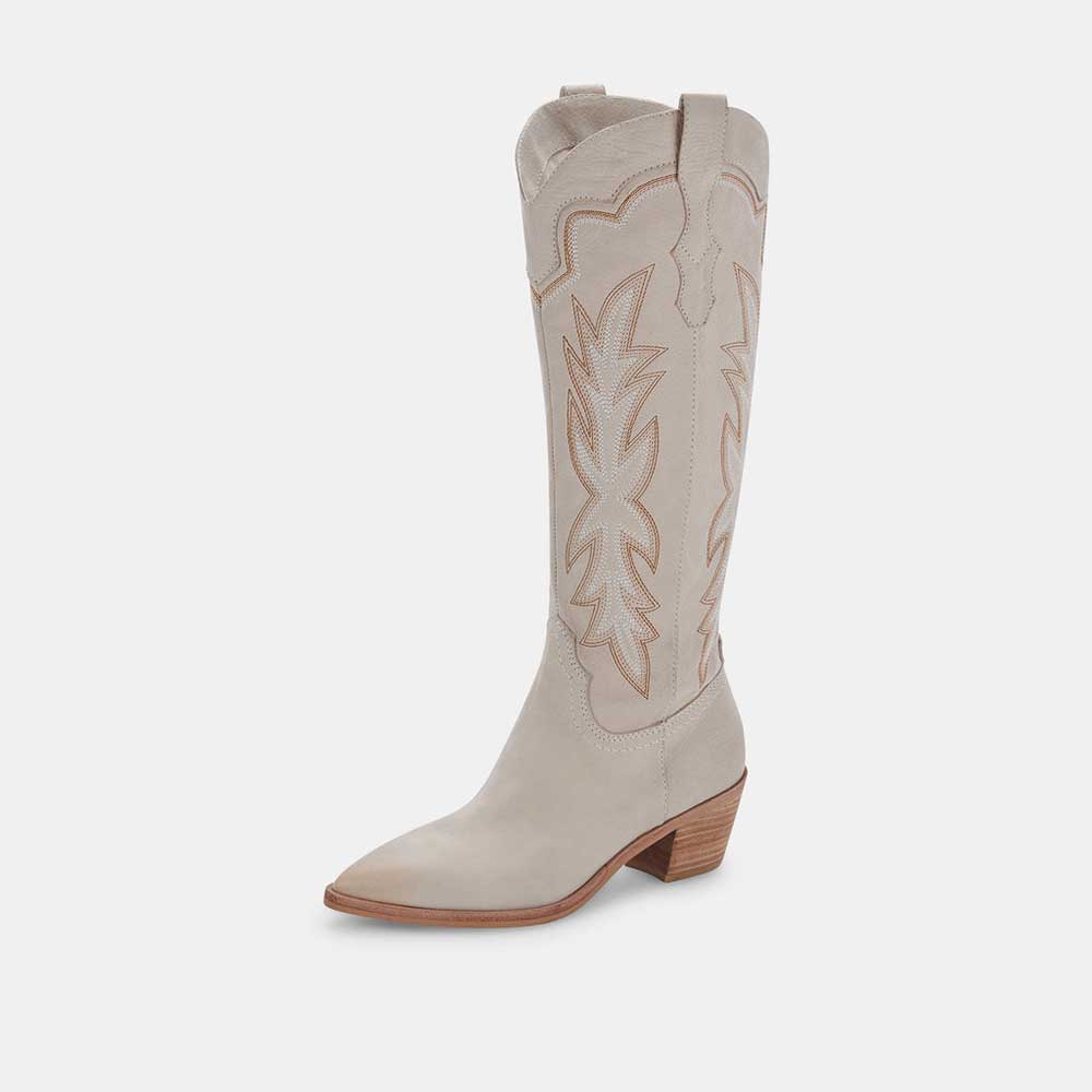 Beige Pointed Toe Chunky Heel Embroidered Knee High Cowgirl Boots