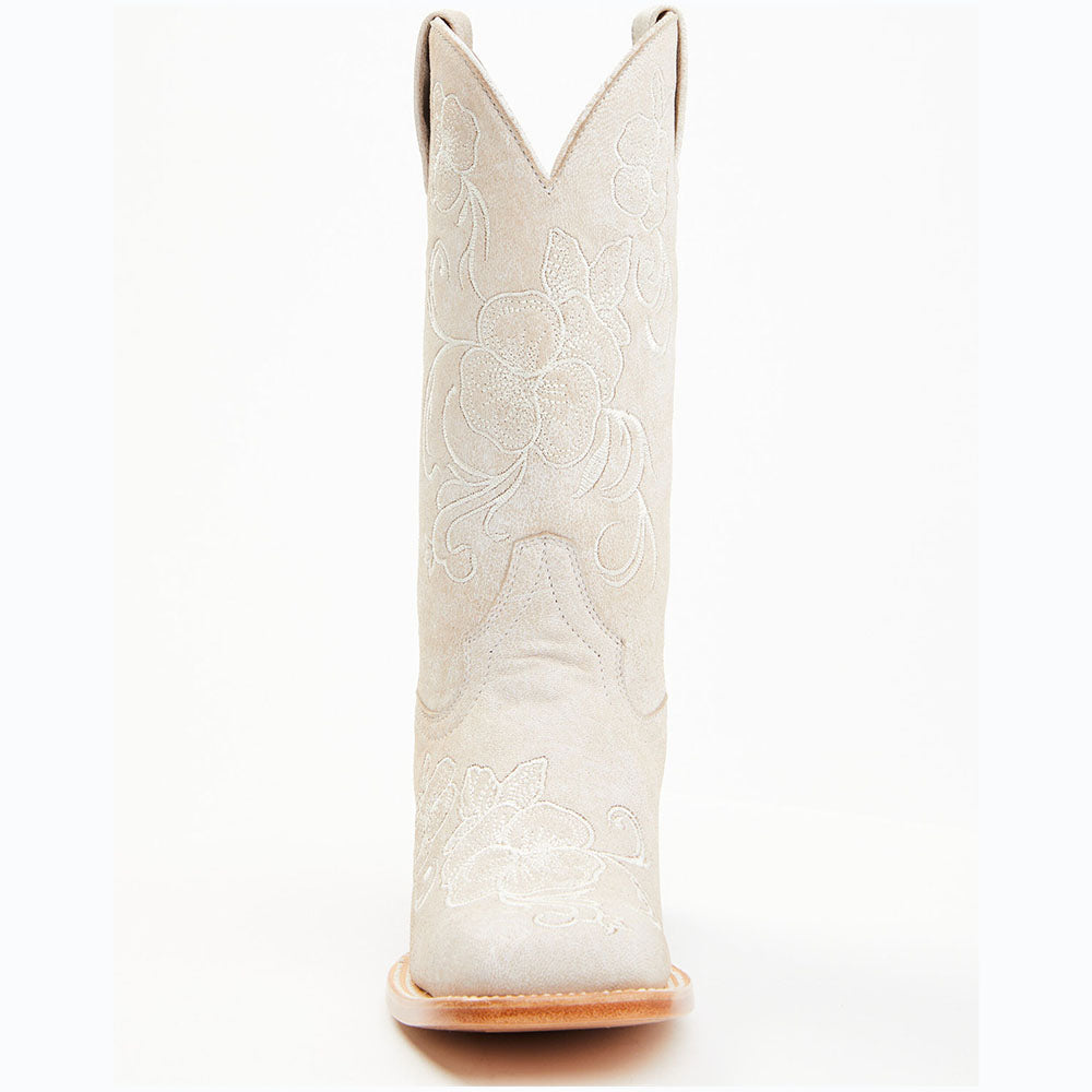 Beige Square Toe Floral Embroidered Cowgirl Boots with Chunky Heel