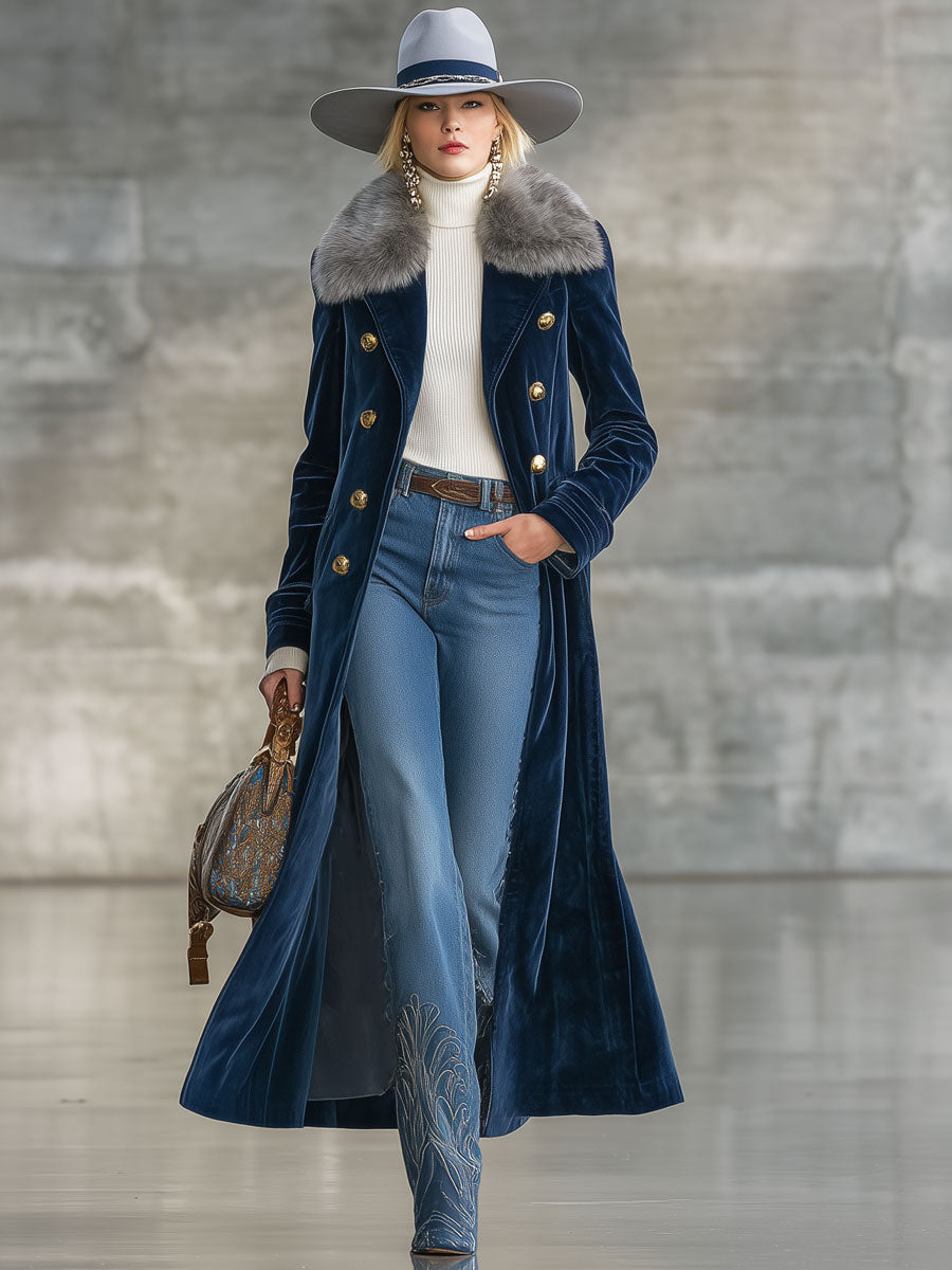 Fashion Retro Navy Blue Velvet Fur Collar Long Coat