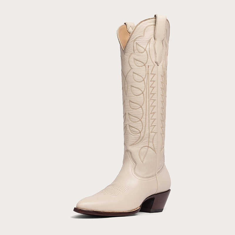 Beige Pointed Toe Block Heel Wide Calf Knee High Cowgirl Boots