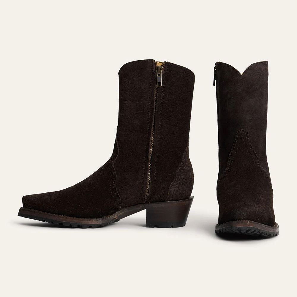 Dark Brown Snip Toe Zipper Mid Calf Cowgirl Boots with Chunky Heels