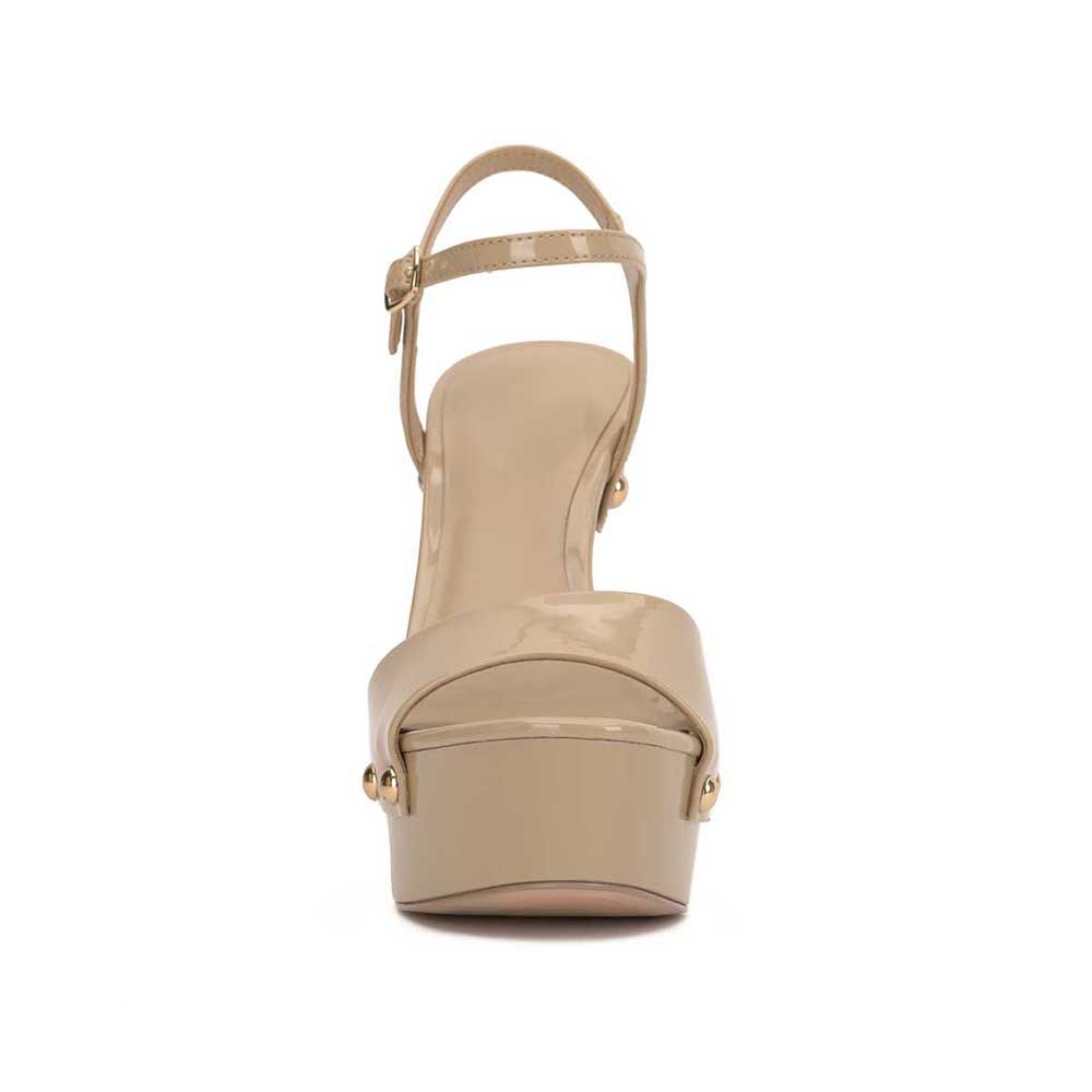 Beige Pointed Toe Chunky Heel Studded Ankle Strap Platform Sandals