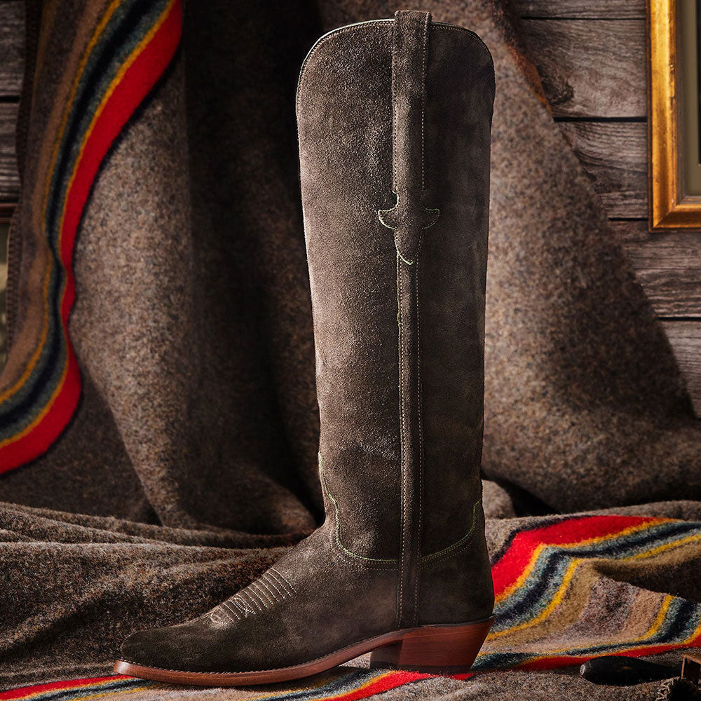 Dark Olive Closed Toe Knee-High Block Heeled Embroidered Cowgirl Boots