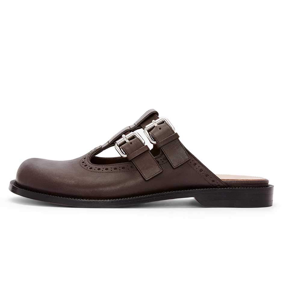 Dark Brown Vegan Leather Buckle Fastening Strap Mary Jane Mules