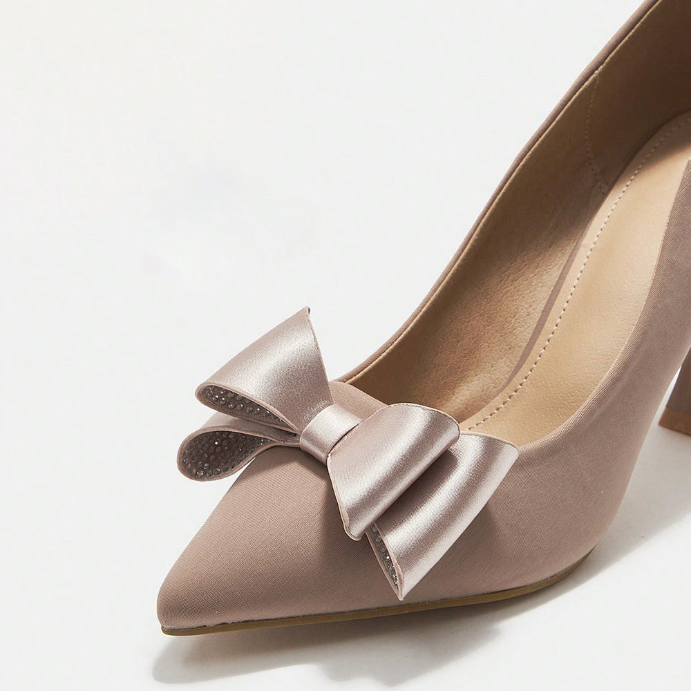 Beige Faux Suede Closed Toe Flared Heel Bow Pumps