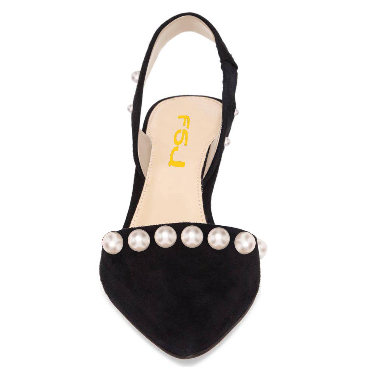 Elegant Black Vegan Suede Elastic Slingback Pumps Heels with Pearl