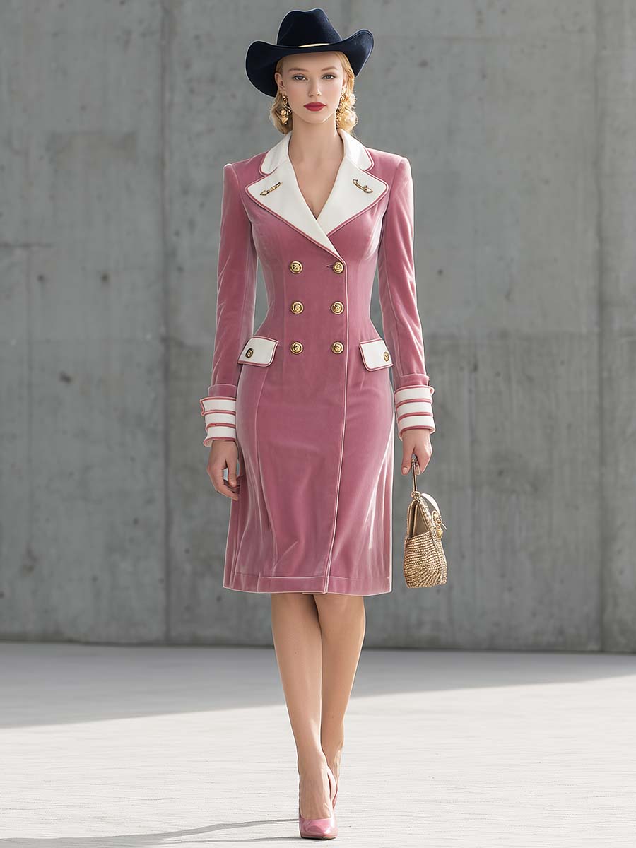 Elegant Vintage Exquisite Contrast Lapel Double-breasted Light Pink Velvet Midi Dress