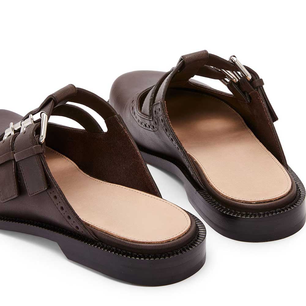 Dark Brown Vegan Leather Buckle Fastening Strap Mary Jane Mules