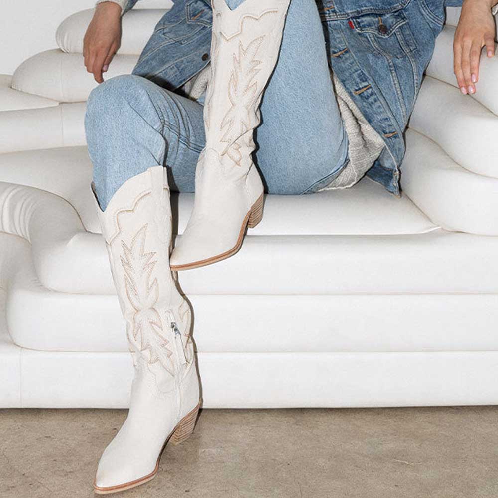 Beige Pointed Toe Chunky Heel Embroidered Knee High Cowgirl Boots