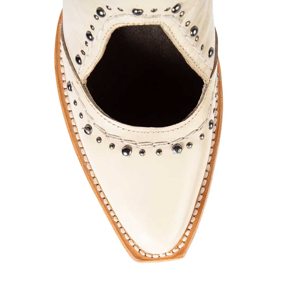 Beige Closed Toe Studded Hollow-Out Block Heel Side V Cut Ankle Boots