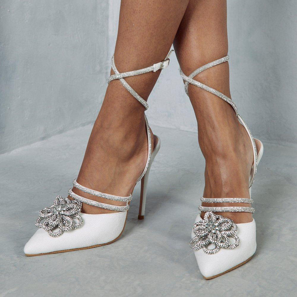 Faux Suede Pointed Toe Stiletto Heel Strappy Pumps with Flower