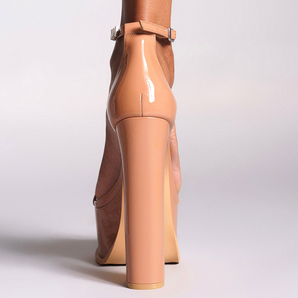 Beige Vegan Leather Open Toe Chunky Heel Ankle Strap Platform Sandals