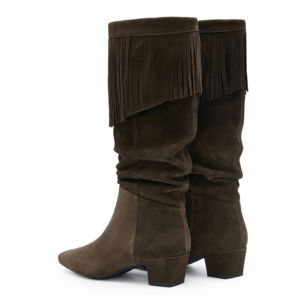 Dark Olive Slip On Mid Calf Block Heel Fringe Square Toe Slouch Boots