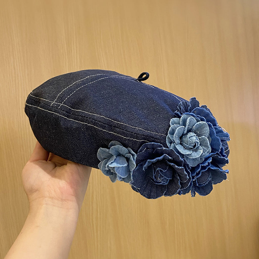 Fashion Color Block 3D Floral Denim Beret