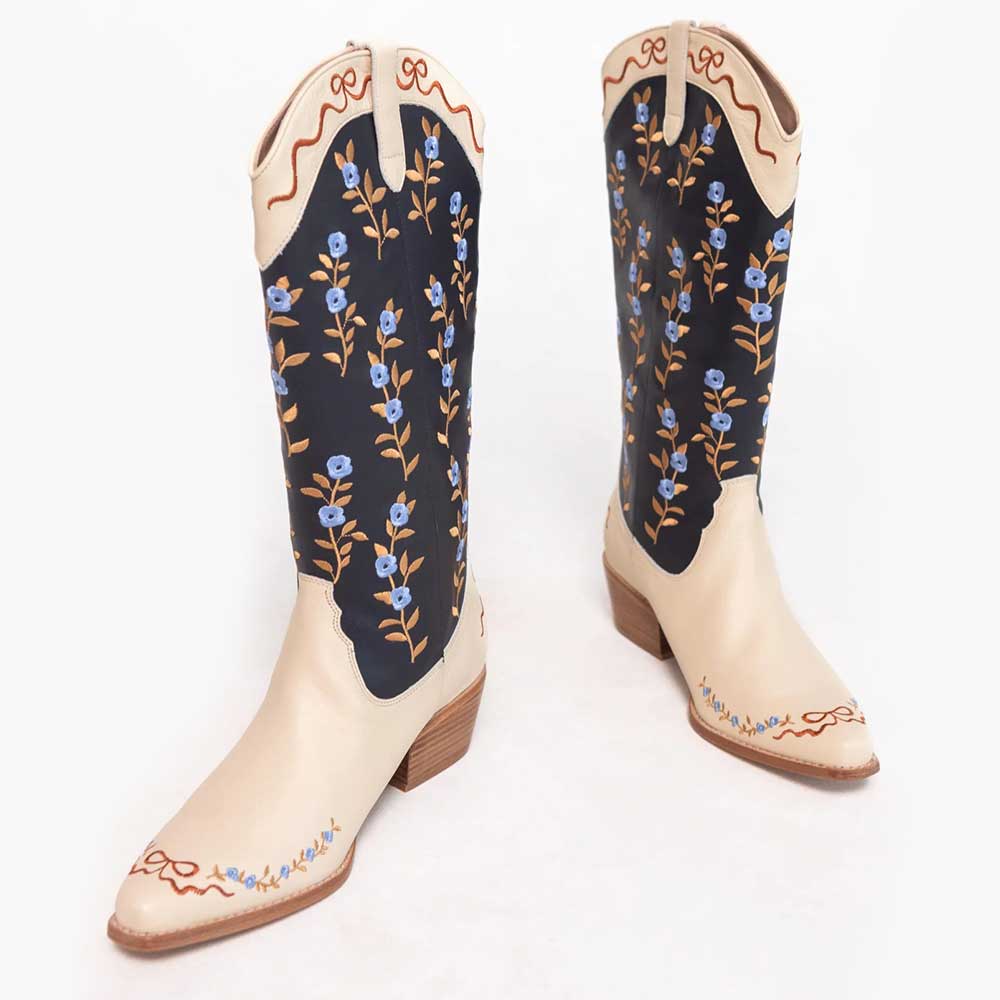 Beige and Navy Floral Embroidered Chunky Heel Wide Calf Cowgirl Boots