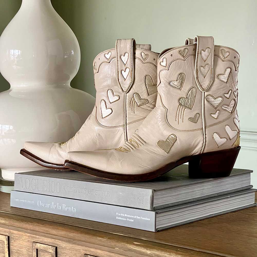 Beige Snip Toe Heart Inlay Ankle Length Cowgirl Boots with Chunky Heel