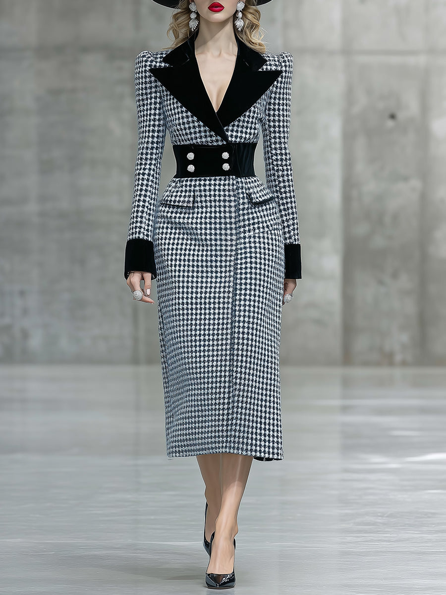 Fashionable And Elegant Black Velvet Collar Houndstooth Midi Dress