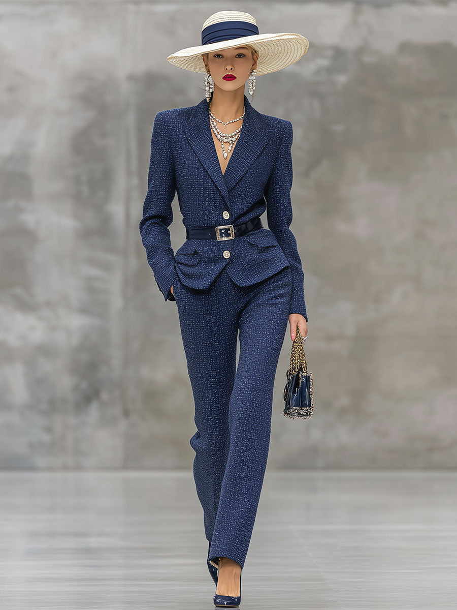 Elegant Vintage Blue Tweed Jacket And Pants Suit