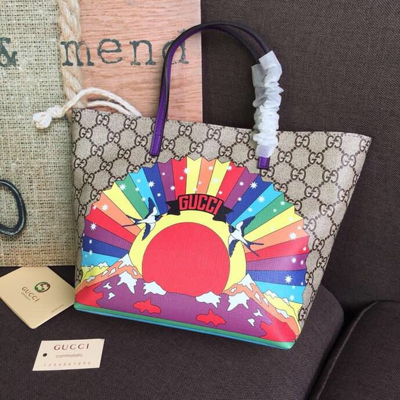 gg Children’s gg Supreme Rainbow Birds Tote Bag gg Supreme Canvas Brown/Multicolor For Children’s 8in/20cm gg 410812