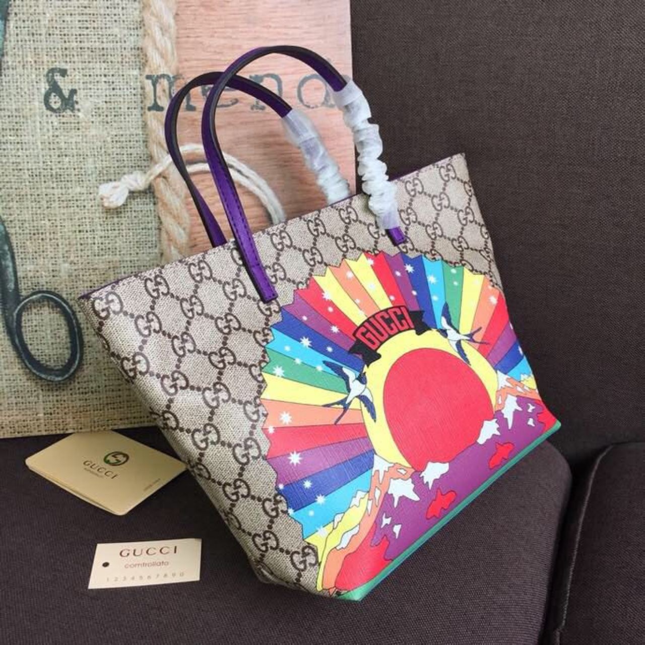 gg Children’s gg Supreme Rainbow Birds Tote Bag gg Supreme Canvas Brown/Multicolor For Children’s 8in/20cm gg 410812