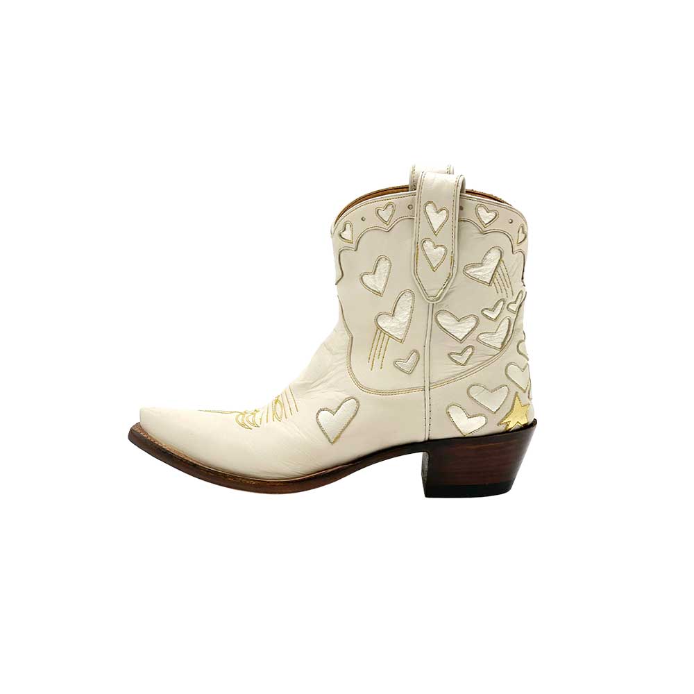 Beige Snip Toe Heart Inlay Ankle Length Cowgirl Boots with Chunky Heel