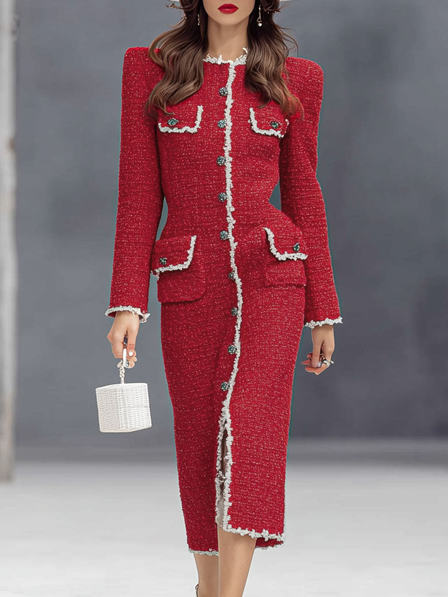 Elegant Textured Fabric Ribbon Round Neck Multi-button Midi Dress