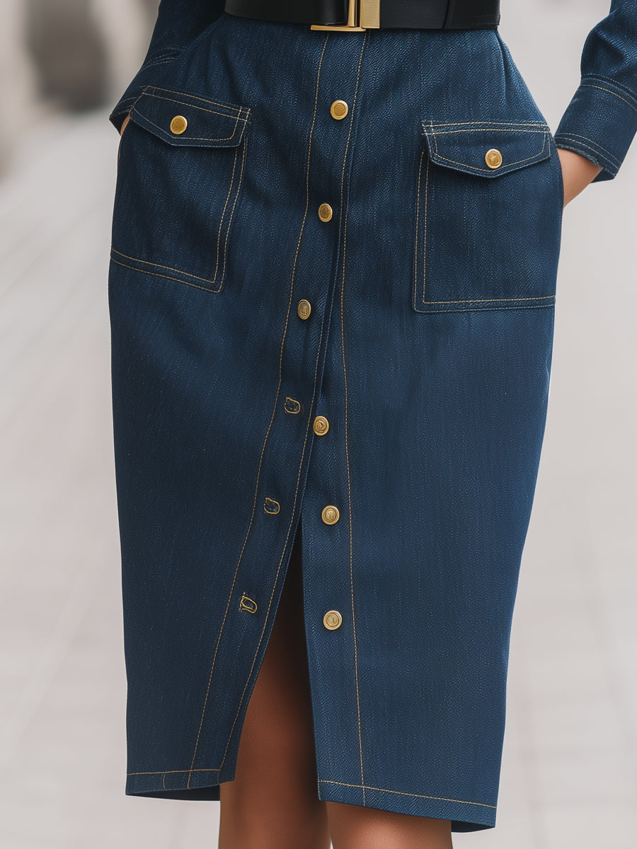 Denim Belted Shirt Dress With Utility Pockets