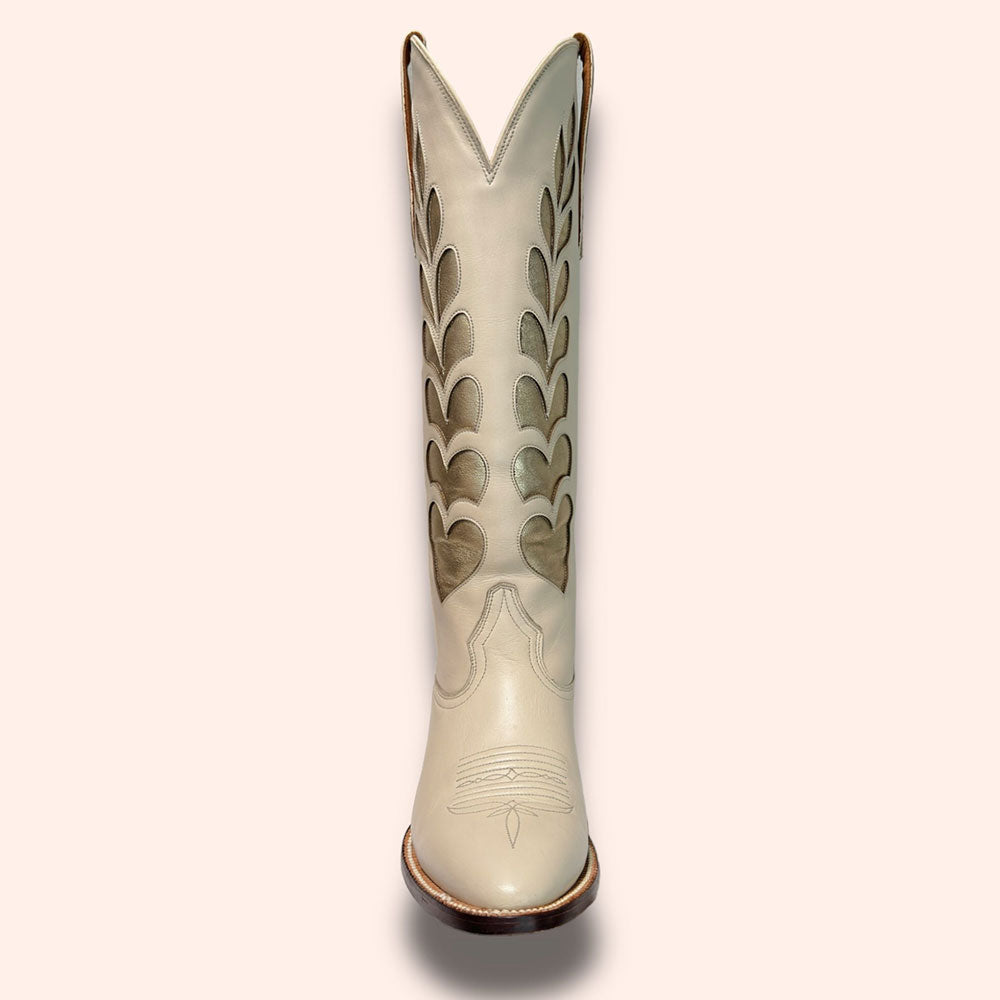 Beige & Gold Heart Inlay Round Toe Chunky Heel Knee-High Cowgirl Boots
