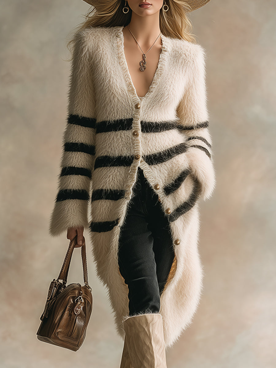 Elegant And Fashionable Off-white Striped Long-hair Knitted Dress Cardigan