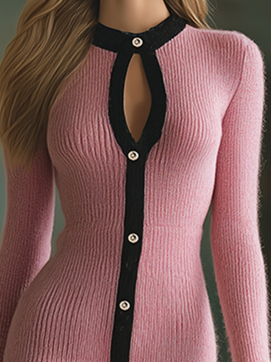 Gentle Hollow Neckline Hem Pink Knitted Long-sleeved Maxi Dress