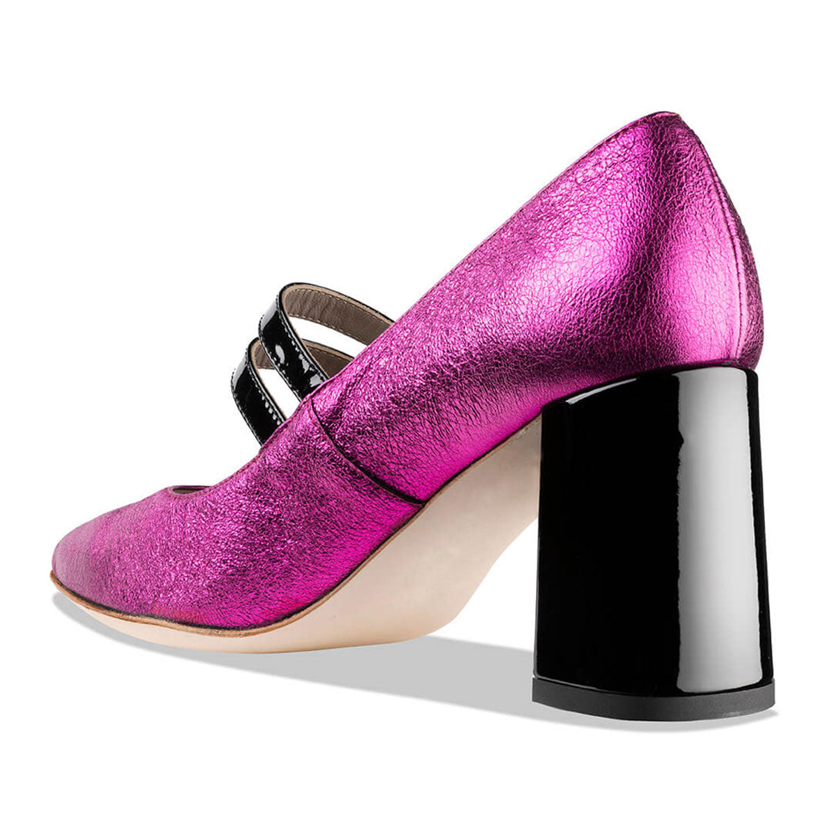 Fuchsia Metallic Leather Pointed Toe Pumps Heels with Two Buckle Strap