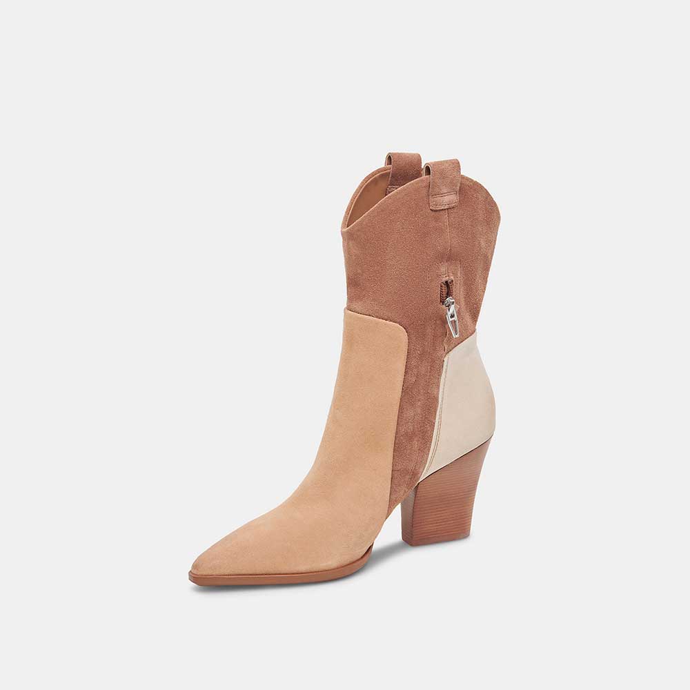 Beige Faux Suede Pointed Toe Chunky Heel Cowgirl Booties