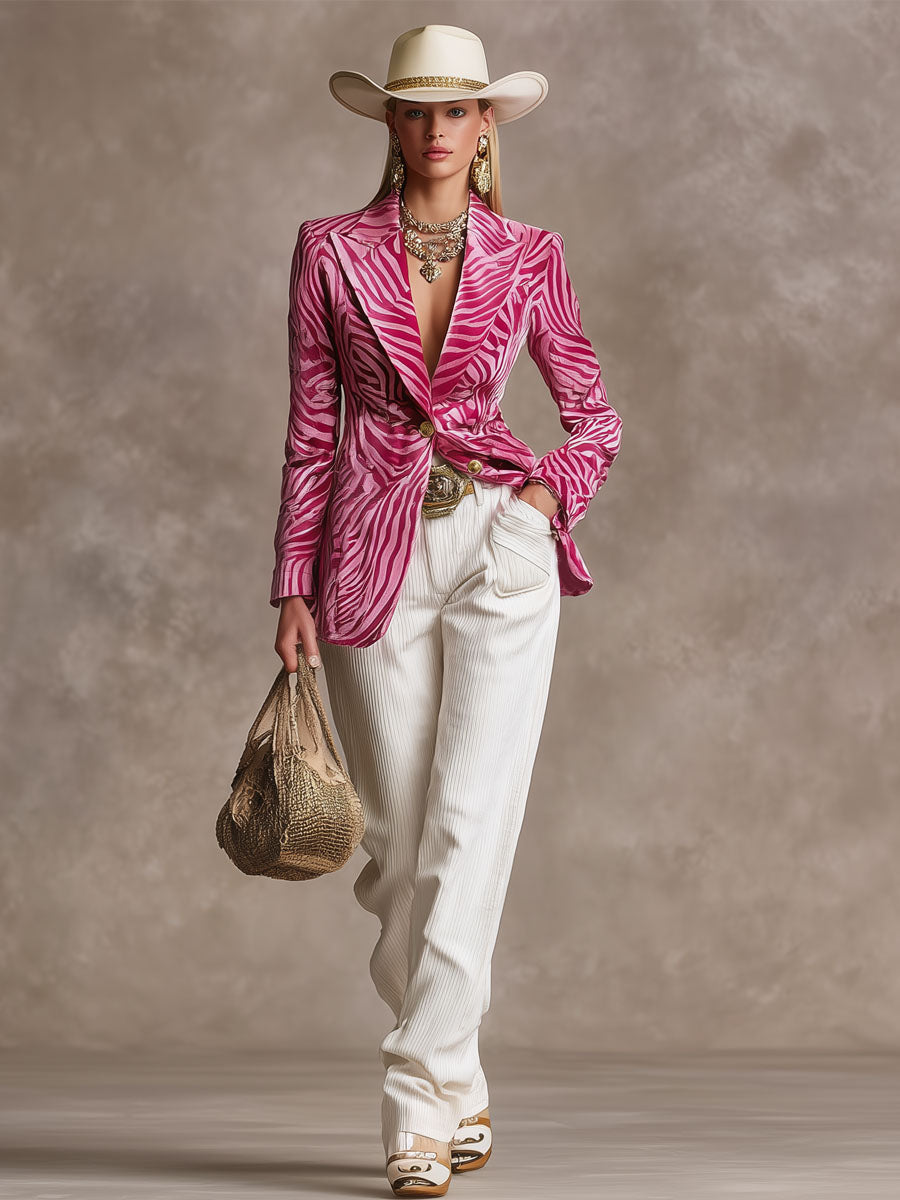 Elegant Lapel Single-breasted Zebra-print Velvet Blazer