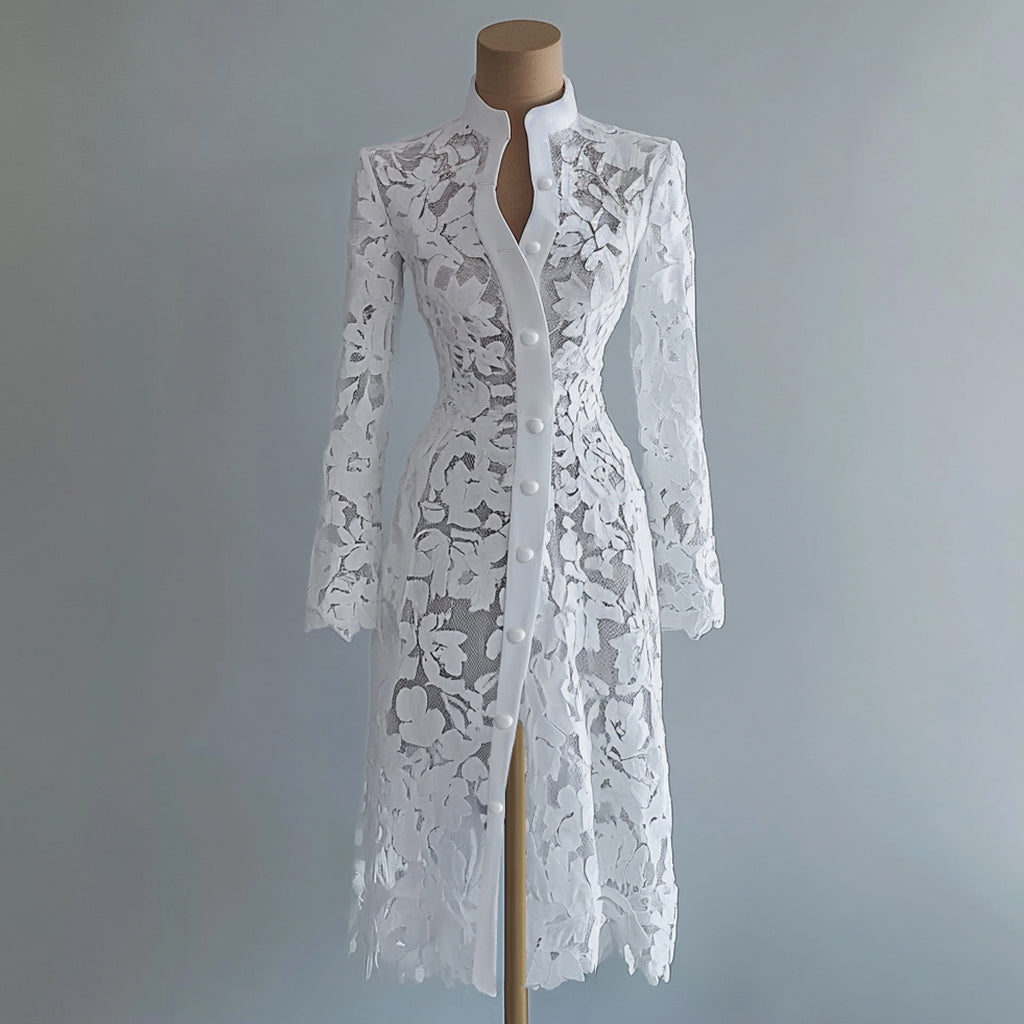 Ursime Lace Stand Collar Button Long Sleeve Coat Midi Dress