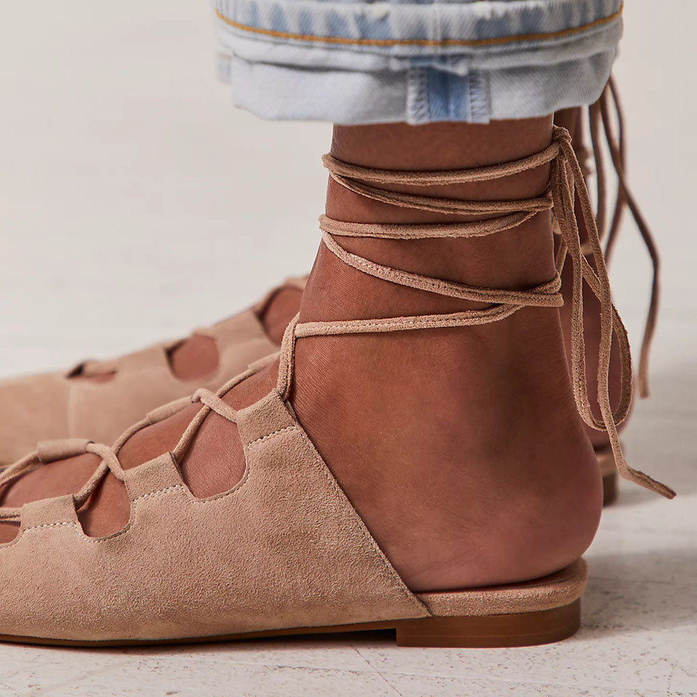 Beige Faux Suede Square Toe Flat Lace Up Strappy Sandals