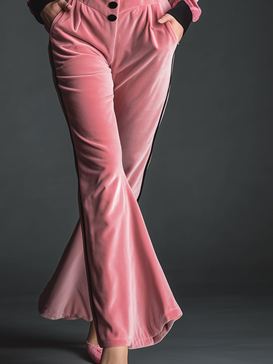 Elegant Retro Contrast Trim Pink Velvet Long-sleeved Flared Jumpsuit