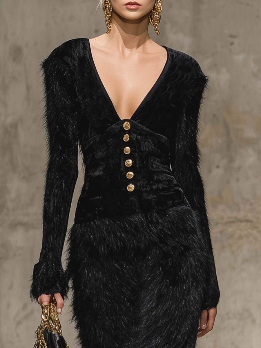 Elegant And Exquisite Retro V-neck Front Metal Buckle Black Velvet Splicing Faux Fur Hem Slit Maxi Dress
