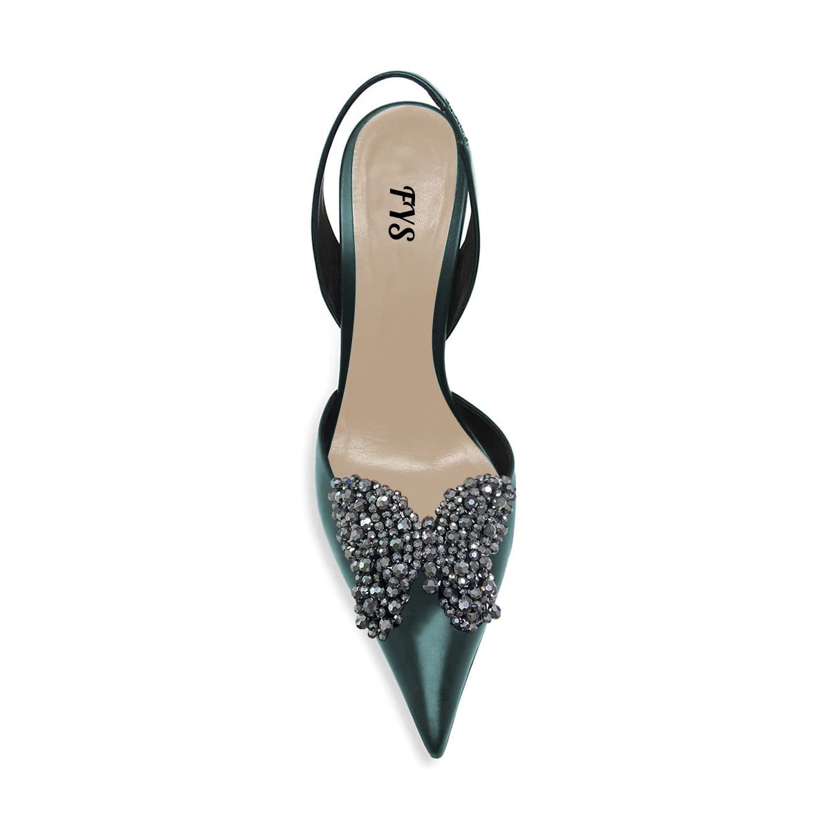 Dark Green Pointed Toe Rhinestone Butterfly Slingback Pumps Heels