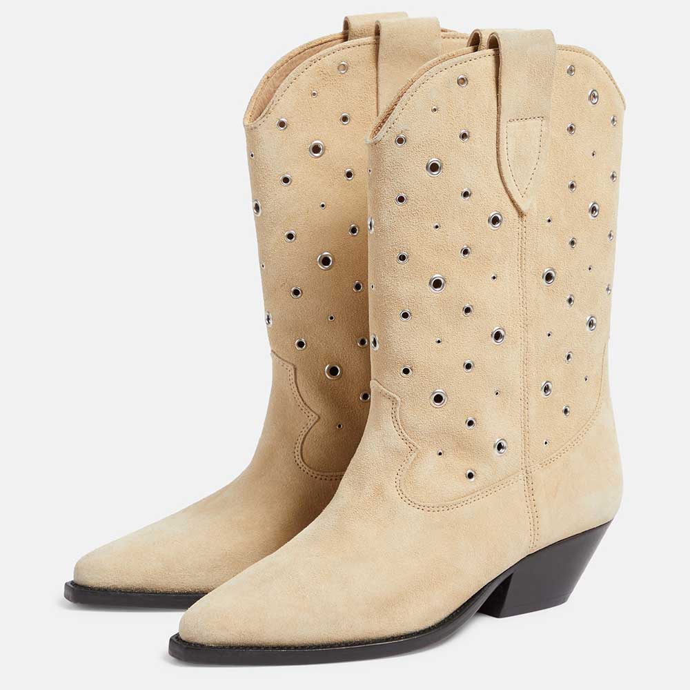 Beige Faux Suede Pointed Toe Chunky Heel Wide-Calf Cowgirl Boots