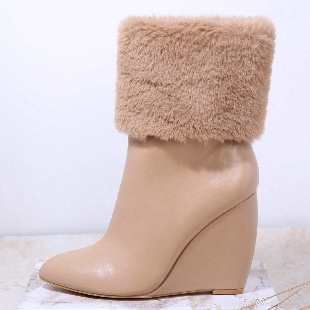 Beige Pointed Toe 4’‘ Wedge Heel Fur Covering Ankle Boots