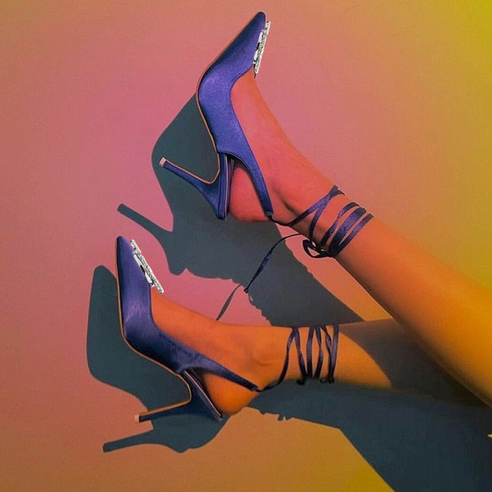 Elegant Satin Pointed Toe Rhinestone Stiletto Lace Up Pumps for Women