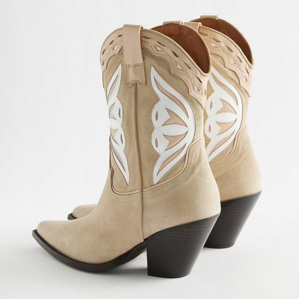Beige Faux Suede Pointed Toe Chunky Heel Butterfly Cowgirl Boots